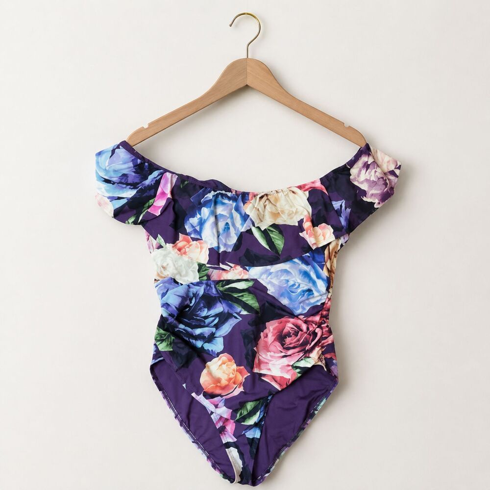 La Blanca Purple Floral Off Shoulder One Piece Swimsuit Women Size 16 Ruffle